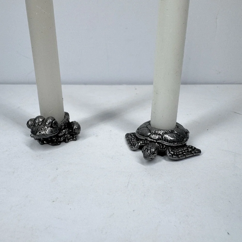 Vintage‎ Sea Turtle Taper Candle Holders Silver Tone Coastal Beach Decor